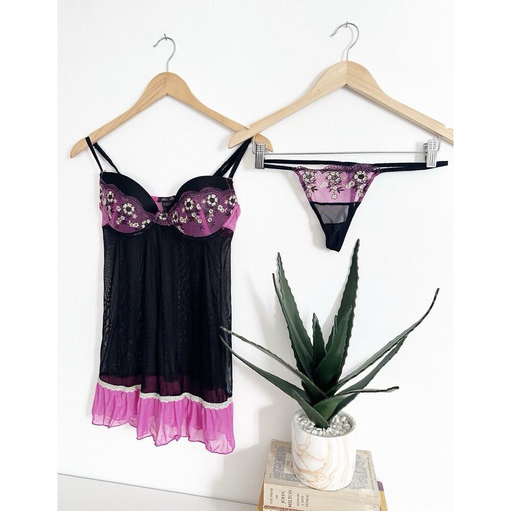 Y2k Embroidered Mesh Sheer Purple Chemise Thong Lingerie Set Size Large